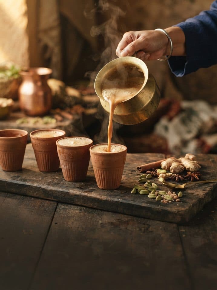 Masala chai being poured from a brass pot into a row of clay kulhads