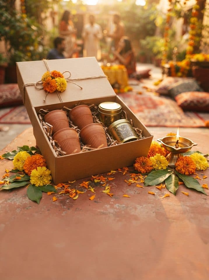 A chai gift box of kulhads and tins with marigolds and a brass diya