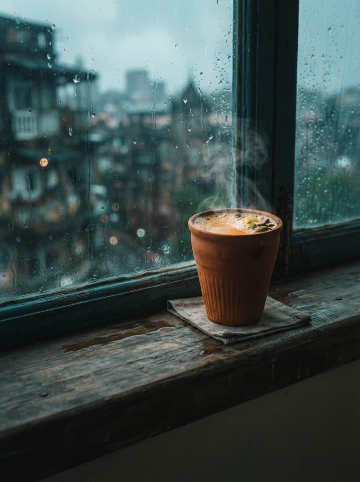 A steaming kulhad of chai on a rainy Mumbai windowsill