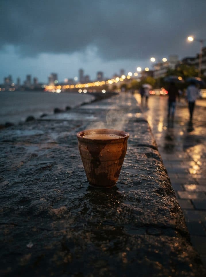 A clay kulhad of chai on the Marine Drive sea wall at dusk in the monsoon